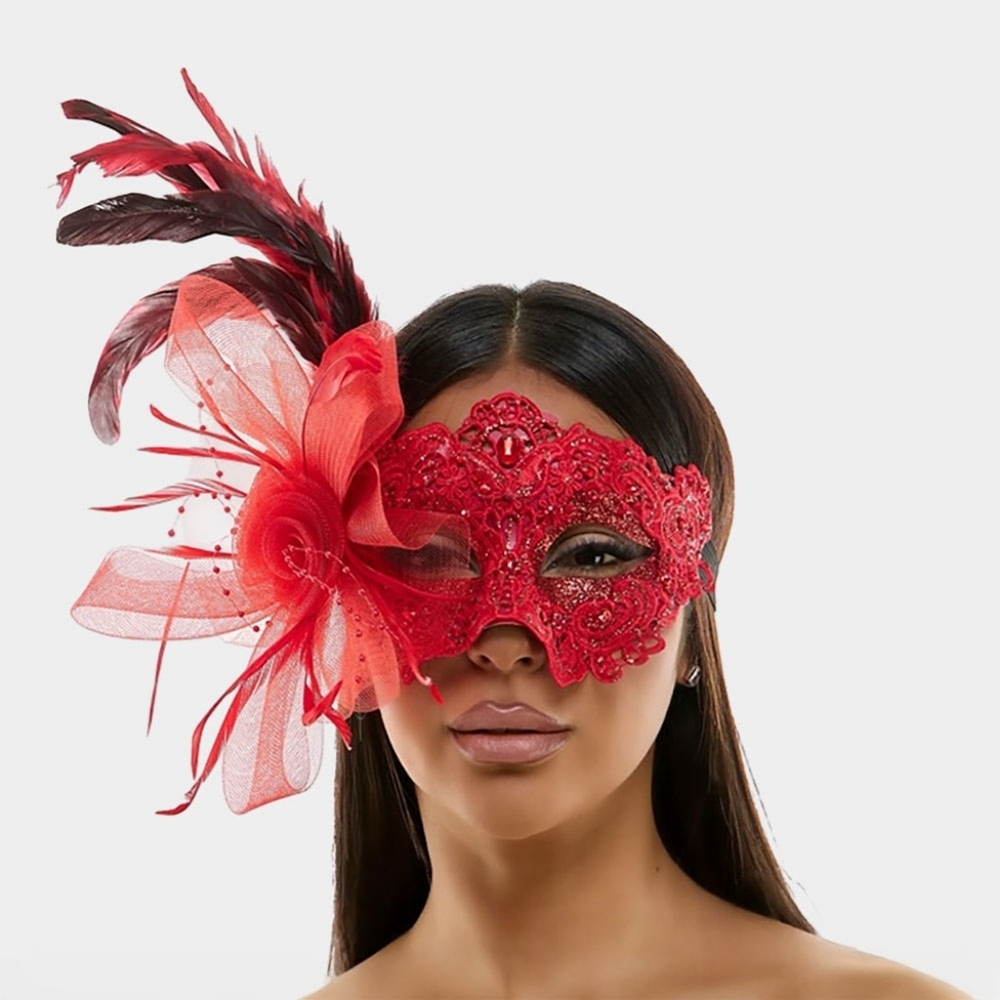 Red Elegant Flower Feather Lace Half Face Mask Masquerade Headpiece EyeMask